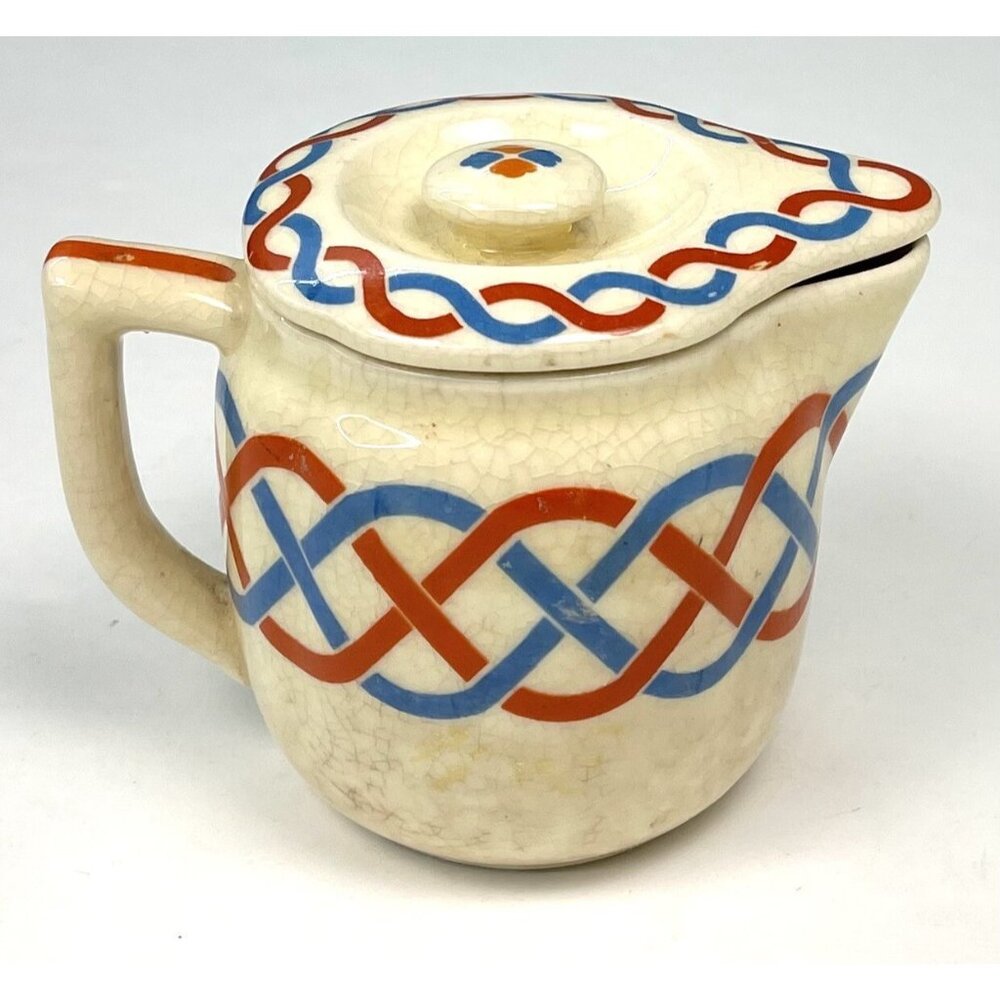 VTG MORIYAMA MORIMACHI Blue Orange Chain Pattern Lidded Ceramic CREAMER Japan